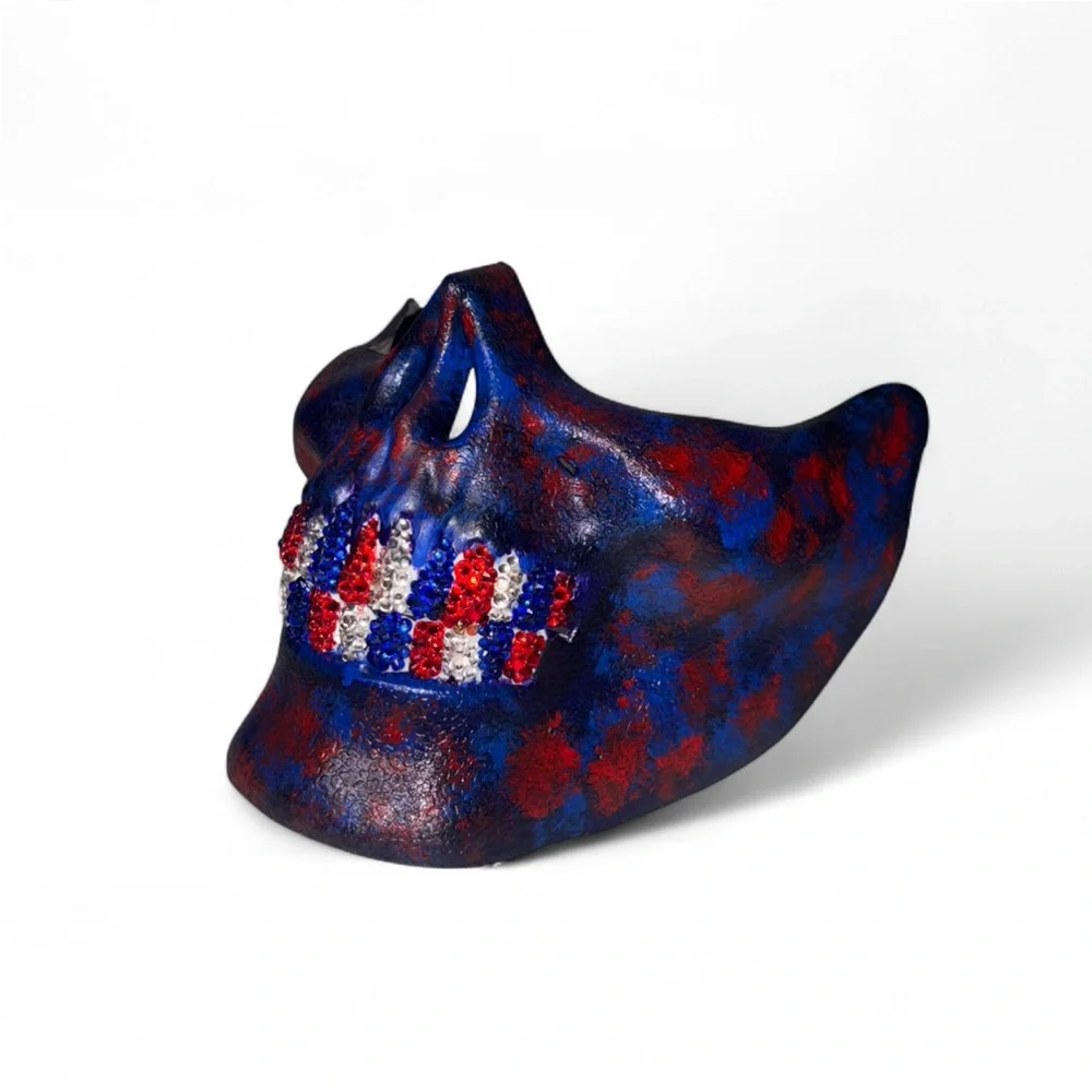Blue & Red Half Skull Mask With Blinged Out USA Mix Luxe Crystal Grillz New